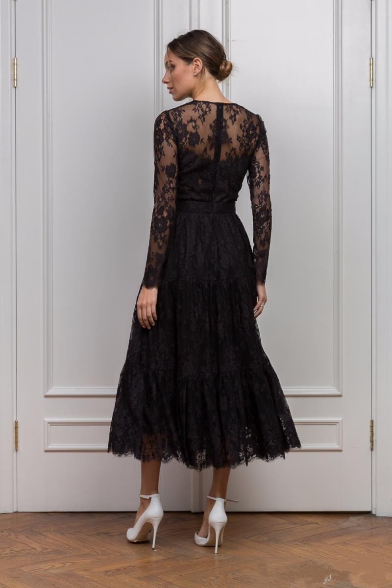 Gothic Black Tea Length Mother of the Bride Dresses Long Sleeve Jewel Neck Wedding Guest Dresses Full Lace Vintage Dress Evening Wear