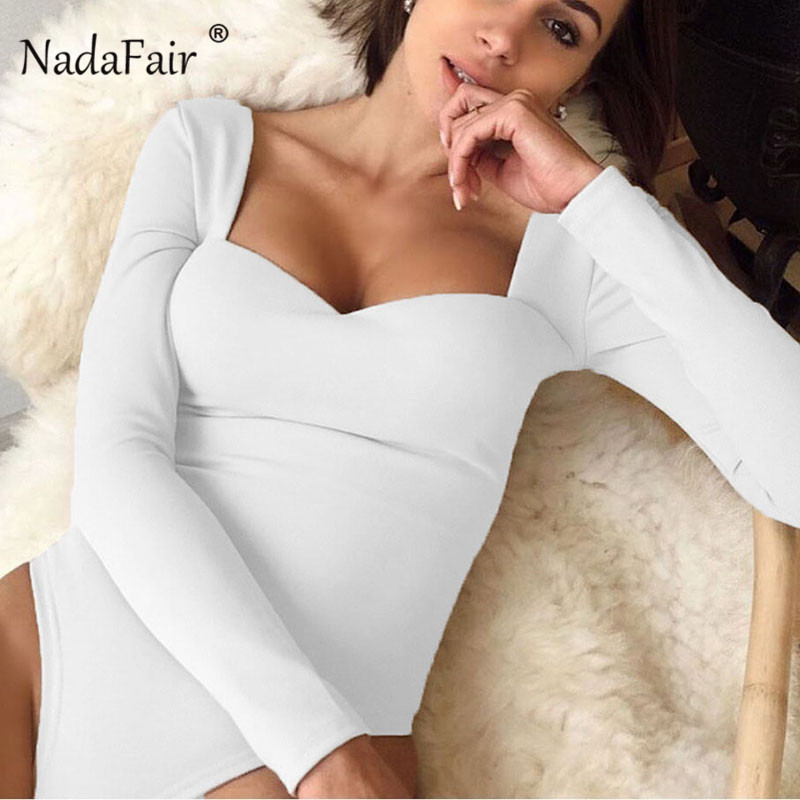 Nadafair Winter Black Sexy Bodysuit Long Sleeve Bodycon Bodysuit Women White Body Suit Body Female For Woman