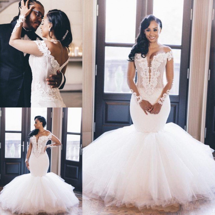 Quality Mermaid High Lace Wedding Dresses Sheer Plunging Neck Long Sleeves Bridal Gowns Sweep Train Trumpet Tulle Appliqued Robe De Marie