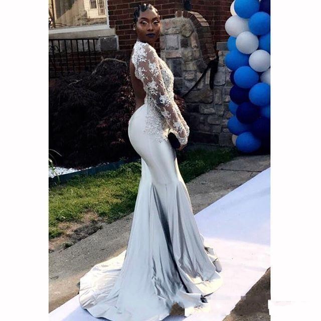 Gray Sexy Sier Mermaid Deep V Neck Long Sleeves Lace Appliques Satin African Backless Formal Prom Dresses Evening Gowns