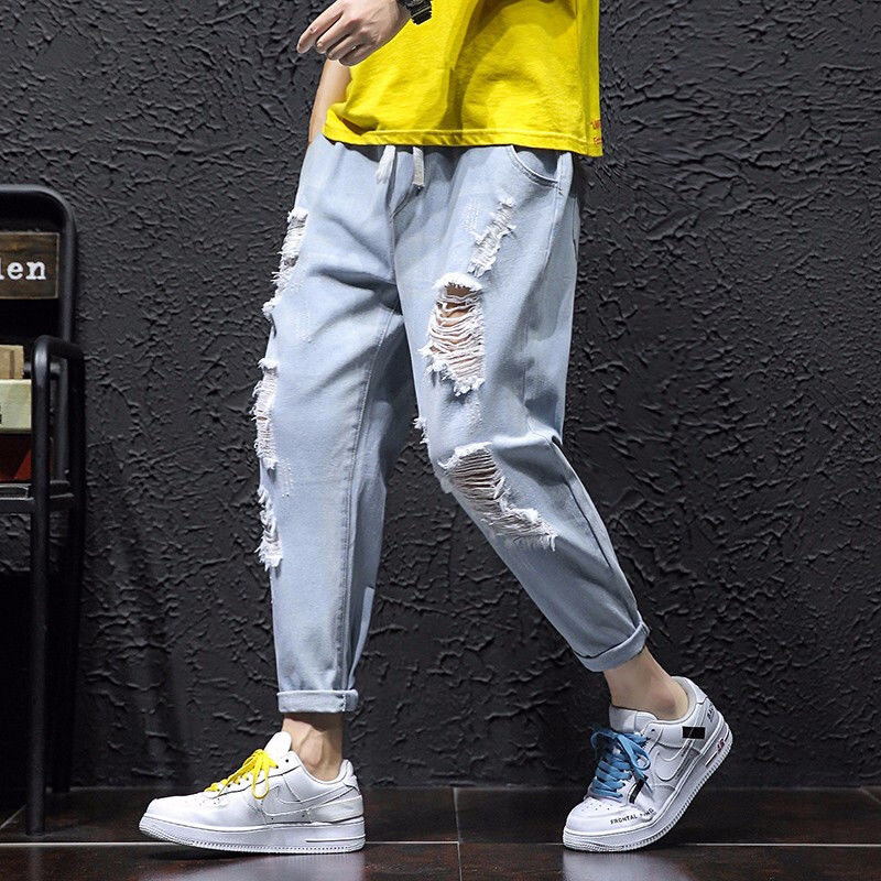 2020 retro jeans male loose student Korean version of boys leggings wide-legged pants men's nine-point pants