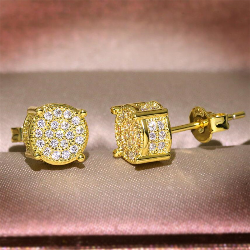 Hip Hop New Arrival Top Sell Vintage Jewelry 925 Sterling Silver&Gold Fill Pave White Sapphire CZ Diamond Party Women Stud Earring Gift