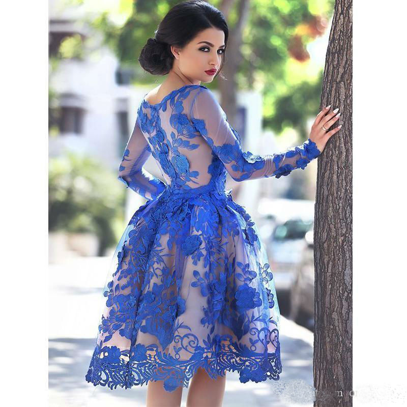 2019 Royal Blue Lace Applique Short Prom Dresses Illusion Long Sleeve Cocktail Party Dresses Knee Length Homecoming Prom Gowns vestidos