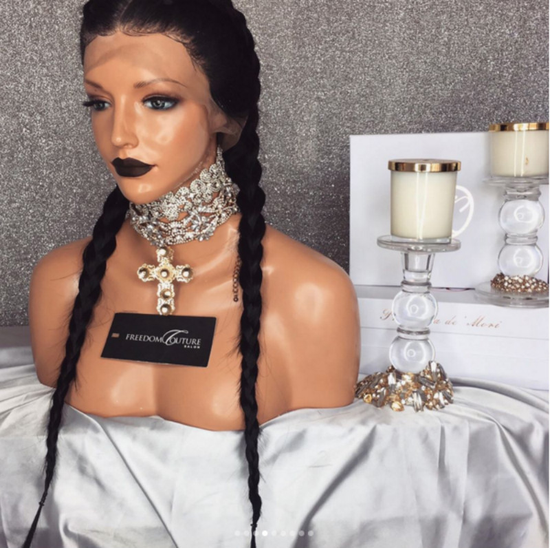 Chemical fiber front lace wig women half-hand hook stylish black long straight hair big braids jaundice fish bone braids