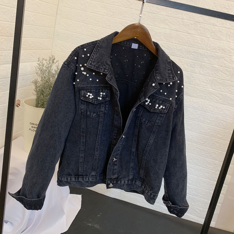 LUZUZI 5XL Short denim jacket female Ulzzang beaded pearl loose thin casual jeans bomber jacket women spring autumn new coat CY200515