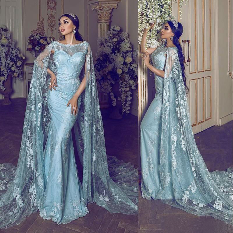 Elegant Arabic Mermaid Prom Dresses 2019 Plus Size Lace Applique Evening Gowns With Wrap Sweep Train Cocktail Party Dresses robes de soirée