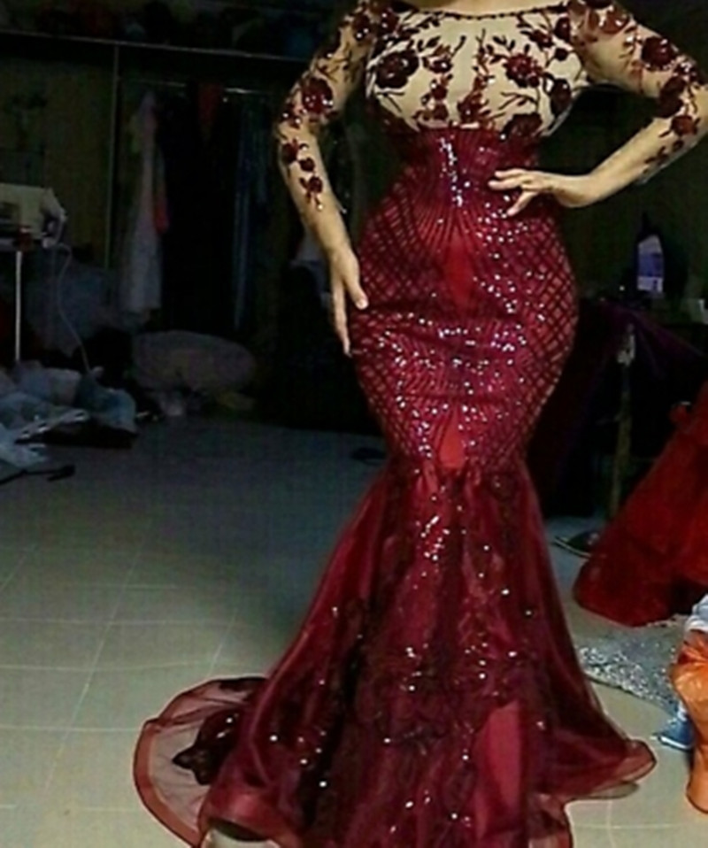 2020 New Burgundy Sequined Floral Lace Mermaid Prom Dresses With Detachable Train Modest Full Sleeves Prom Gowns Muslim Formal Dresses