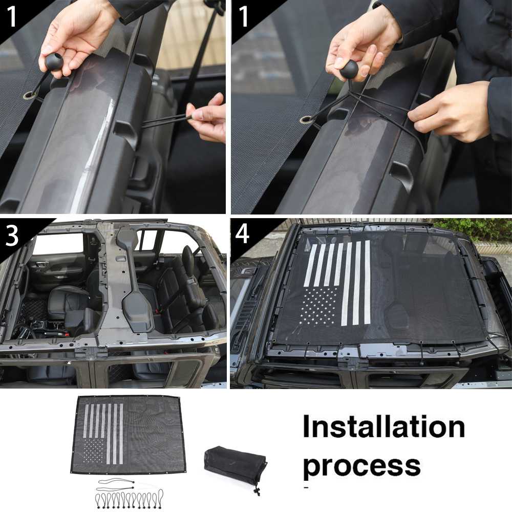 Black Mesh Sunshade Roof SunShade Net (US Flag) For Jeep Wrangler JL JLU 2018-2025 up 4Door Auto Exterior Accessories