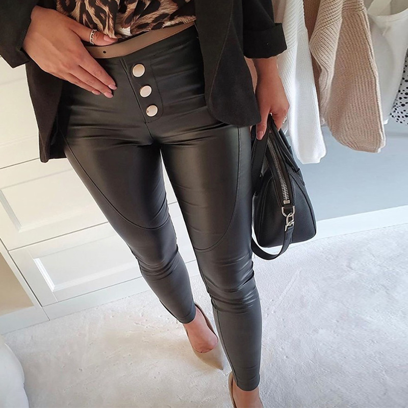 Button Up Faux Leather Pants Women Skinny PU Pencil Pants, As pic 
Button Up Faux Leather Pants Women Skinny PU Pencil Pants, As pic