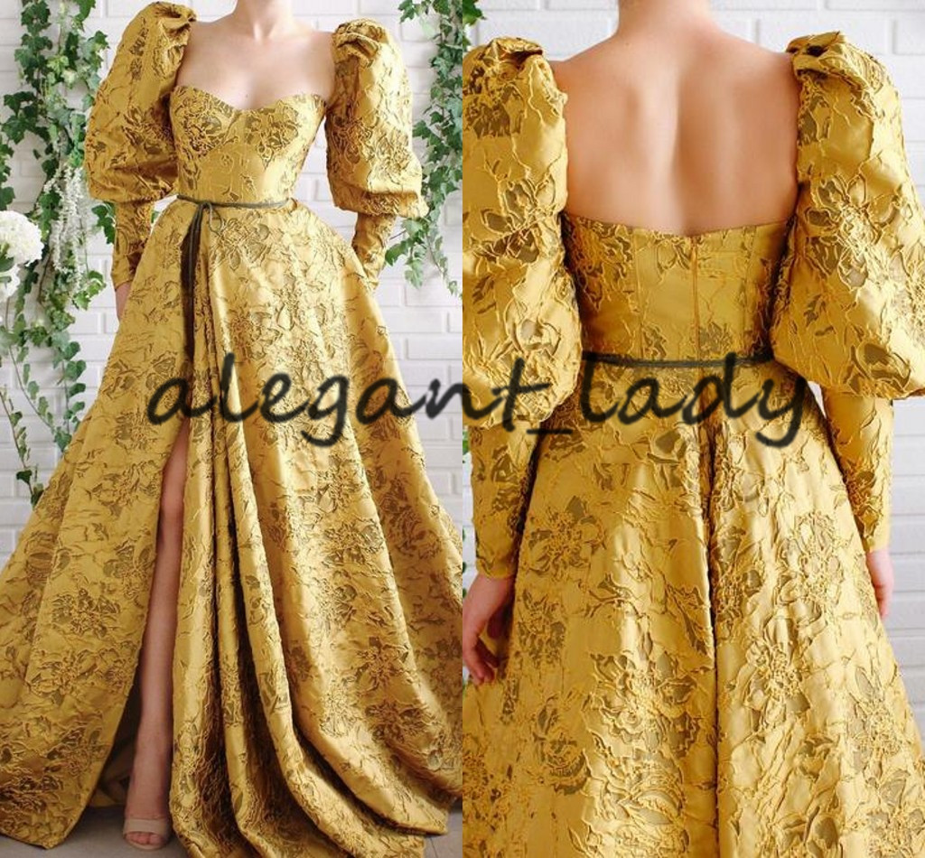 Dubai Arabian Golden Lace Evening Dress 2020 Sweetheart Puffy Long Sleeve Low Back High Slit Arabic Prom Formal Dress abendkleider