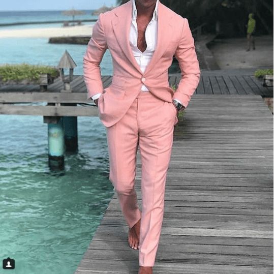 Chic Pink One Button Mens Prom Suits Notched Lapel Groomsmen Wedding Tuxedos For Men Blazers Two Pieces Formal Suit Jacket+Pants