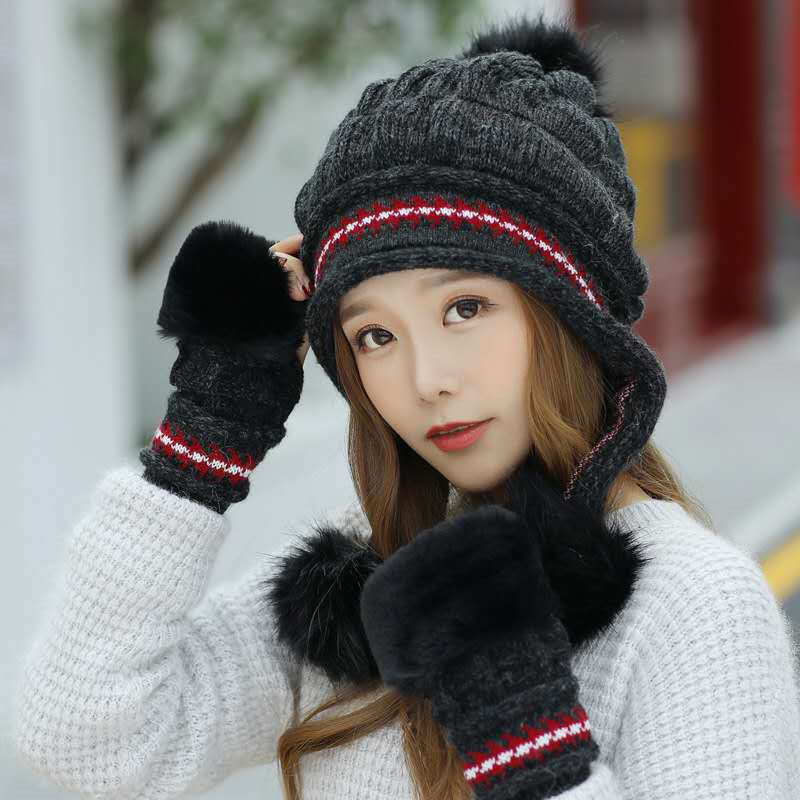 Girls Thicken Ski Snow Cap New Fashion Fur PomPoms Winter Women Beanie Hats Female Skullies Warm Gloves + Knit Hat Set