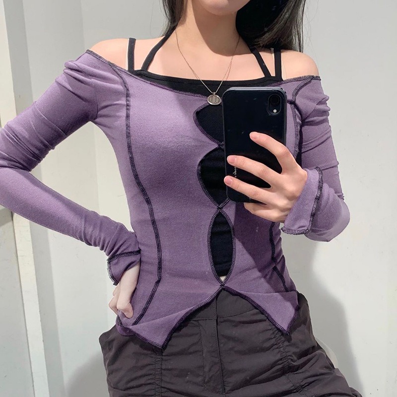 New 2020 Popular women' splicing long sleeve T-shirt sexy hollow open navel top, Black
New 2020 Popular women' splicing long sleeve T-shirt sexy hollow open navel top, Black