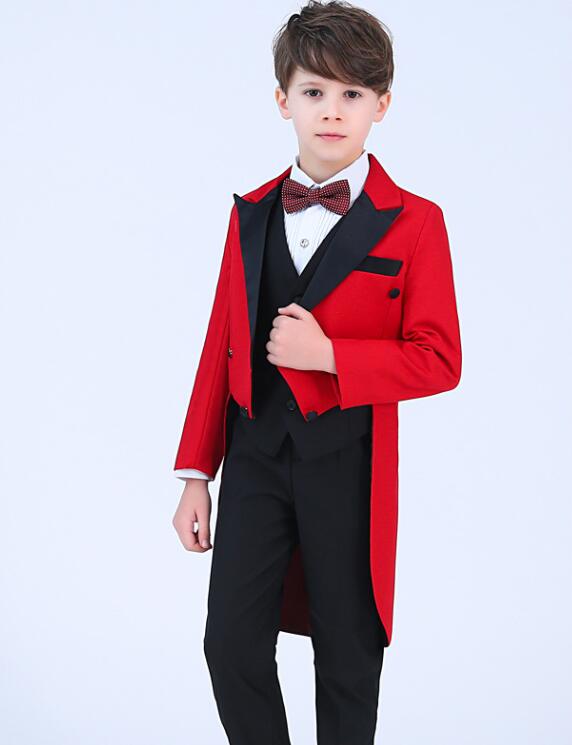 2019 Boy's Formal Wear Wedding Suits Red Peaked Lapel Tailcoat Handsome Black Prom Party Pants Suits (Jacket+Pants+Bow+Shirt)