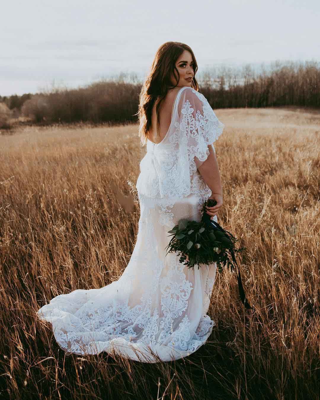 Fabulous Bohemian Mermaid Beach Lace Wedding Dresses V Neck Short Sleeves Backless Bridal Gowns Sweep Train Trumpet Boho Vestido De Novia