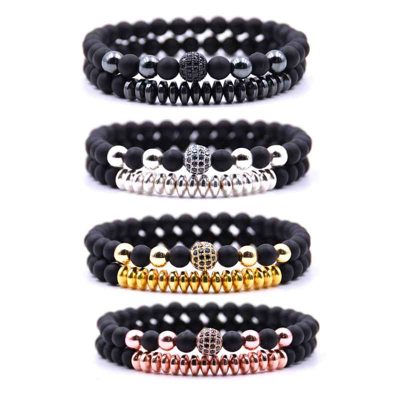 Two 6MM matte black agate micro-inlaid zircon bracelet for men and women couples from Reiki Healing Bracelet Gifts