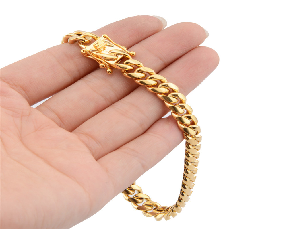 8mm/10mm/12mm/14mm/16mm/18mm Mens 18K Gold Plated Stainless Steel Bracelets High Polished Miami Cuban Link Punk Curb Gold Bracelets