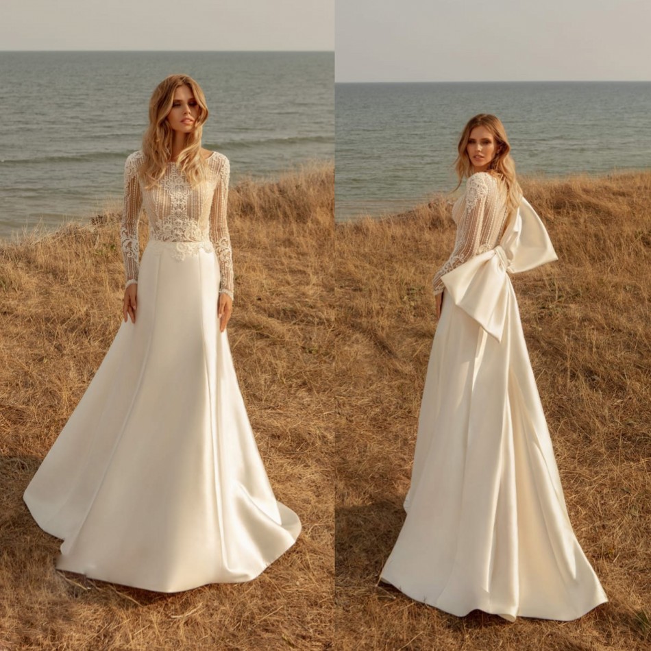 a line wedding dresses jewel neck long sleeve appliques beads satin plus size wedding dress sweep train robes de marie, White
a line wedding dresses jewel neck long sleeve appliques beads satin plus size wedding dress sweep train robes de marie, White