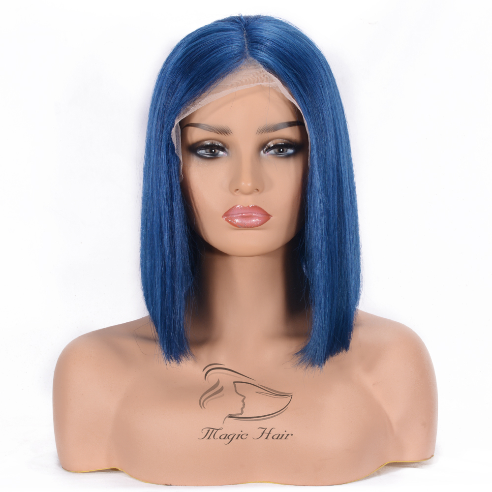 Full Lace Human Hair Wigs For Women Natural Black Blue color Remy Hair Silky Straight Short Bob Lace Front human hair Wigs
