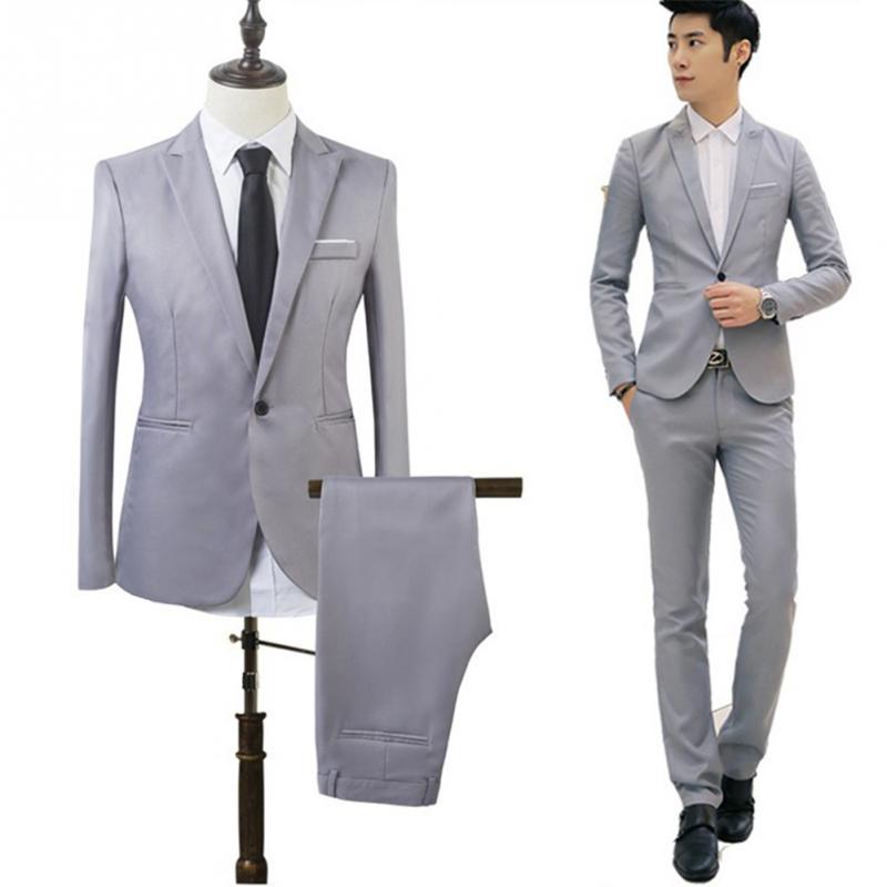 Solid Color Fashion Men's Two Piece Suit Business Formal Wear Blazer And Pants Set B3