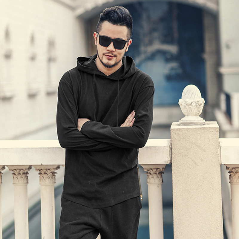 Foreign hip-hop street style side zipper hooded sweater T-shirt long-sleeved T-shirt men's long-sleeved sweater arc hem tide