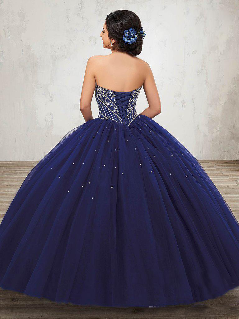 New Coming Ball Gown Sweetheart Silver Rhinestones Navy Blue Quinceanera Dresses Debutante Gown Princess Long Party Gowns