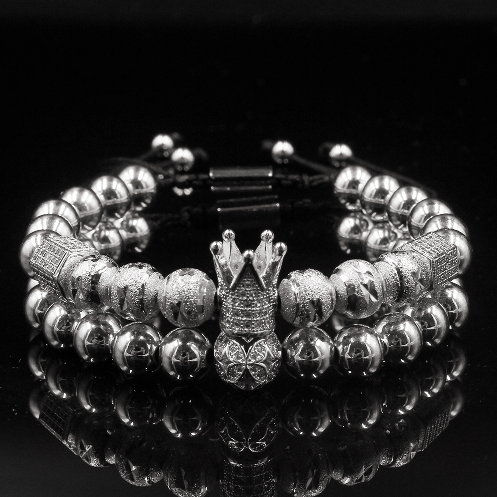 Men bracelet 2pcs/Set Luxury Crown Pave Cubic Zirconia Starlight Ball Charms Copper Beads Bangles For Gift Valentine's Day Christmas