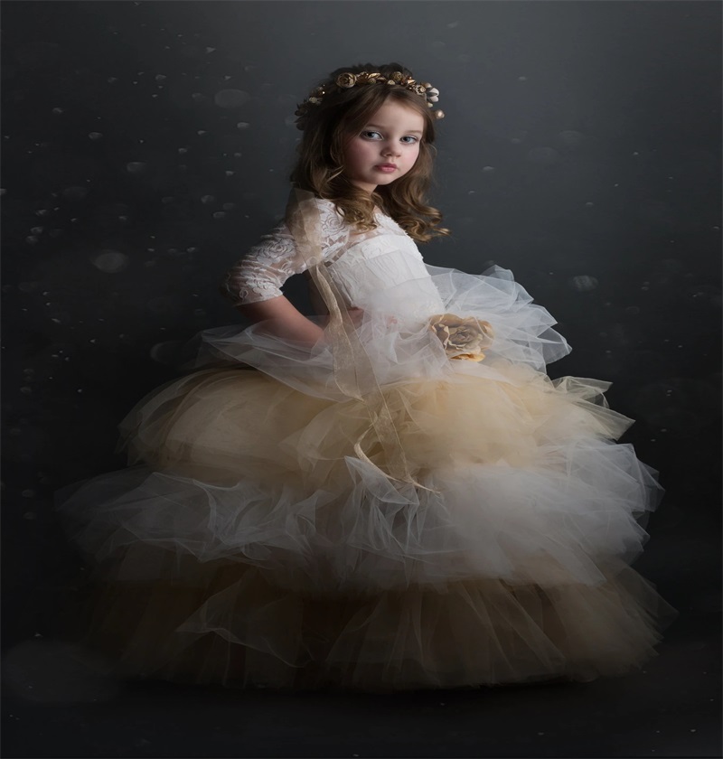 white flower girl dress for wedding applique lace hand made flower ruched pageant gown jewel long sleeves floorlength birthday gown cheap