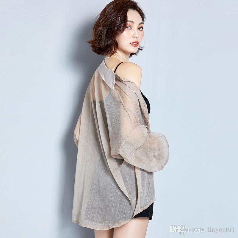 2020 New Women Summer Kimono Cardigan Mesh Transparent Sun Blouse Chiffon Loose Short Plus Size Shirt Solid Beach Cover Outwear