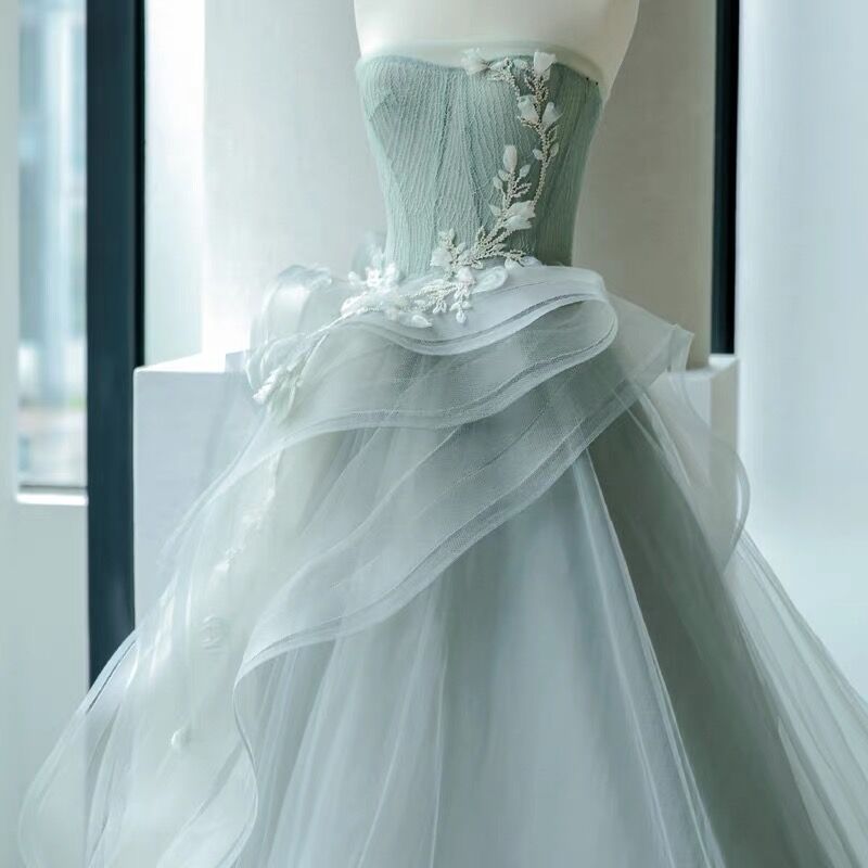 Strapless Sage Ball Gown Prom Dress Lace-up/Zipper Back Sweep Train Evening Gowns