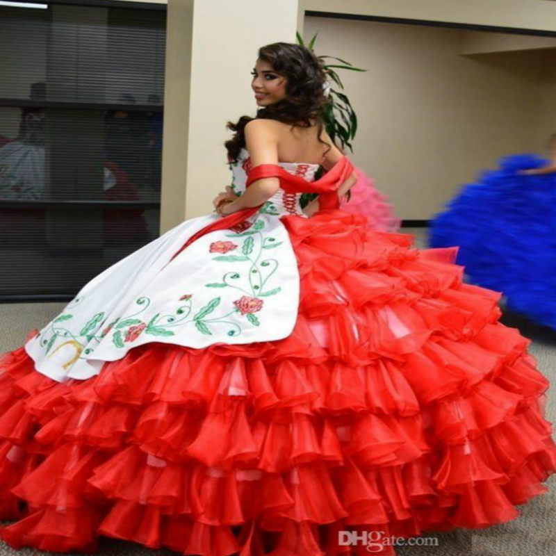 Mexican Embroidery Quinceanera Dresses White And Red Corset Back Sweet 16 Dress 2020 Princess Tiered Organza Ball Gown Prom Dresses Cheap