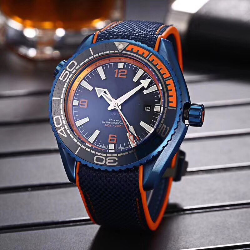 Rubber Nylon Fabric Strap Foldover Clasp Watches Mens Watch Sea Watches Man Blue Electroplated Back Glass He 44MM Wristwatche