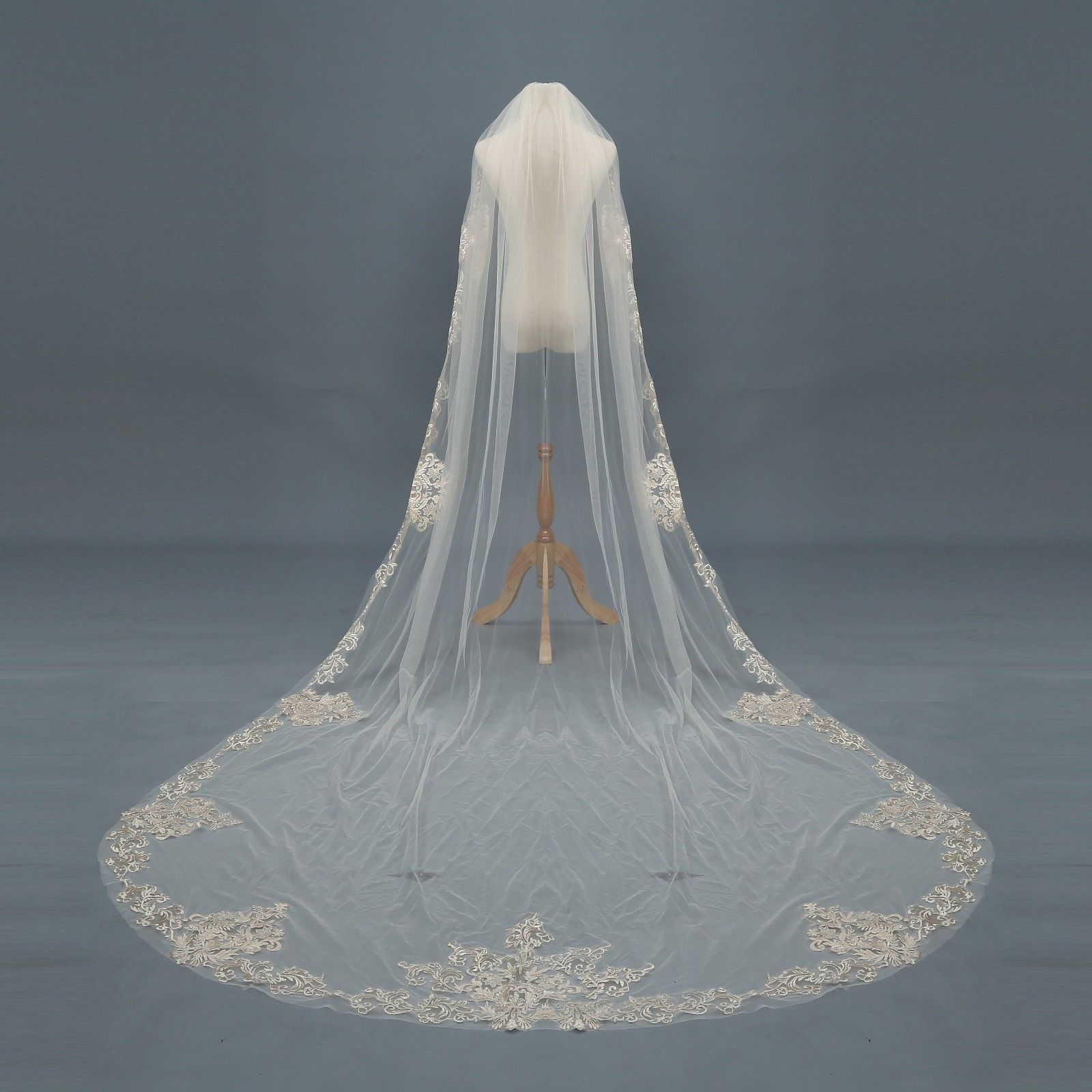 3M Long Wedding Veils Cathedral 1T Bridal Veil Accessories Lace Applique White Ivory Champagne Bride Veil With Free Comb