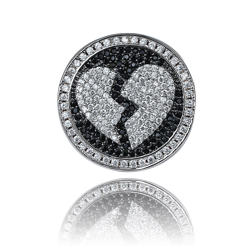 Personalized White Gold Bling White & Black Diamond Broken Heart Mens Finger Ring Iced Out Cubic Zirconia Hip Hop Rapper Jewelry For Men