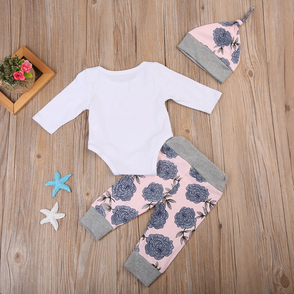 Infant Newborn Baby Girls Clothing Set Long Sleeve Tops Romper Pants Hat Outfits Cotton Baby Girl Clothing Toddler Baby Clothes