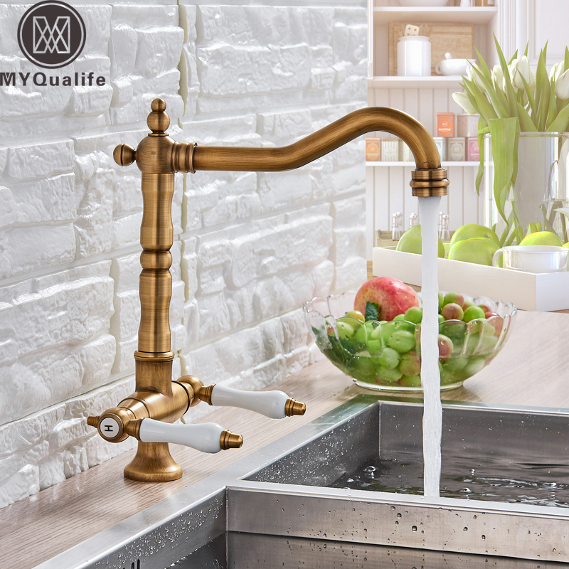 Antique Brass Dual Handle Kitchen Faucet Deck Mounted Ceramic Handle Kitchen Sink Tap Swivel Spout Hot Cold Water Kitchen Mixer