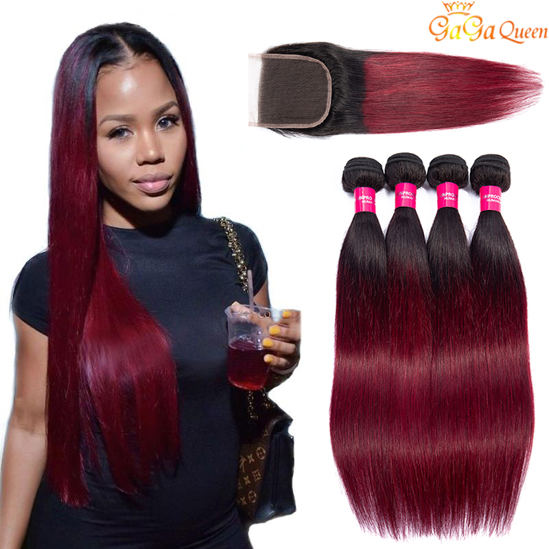 

Ombre Peruvian Straight Hair Weave Bundles With Closure 1B/Burgundy Two Tone Colored Remy Human Hair Wefts With Closure 99J Wine Red, Brazilian hair