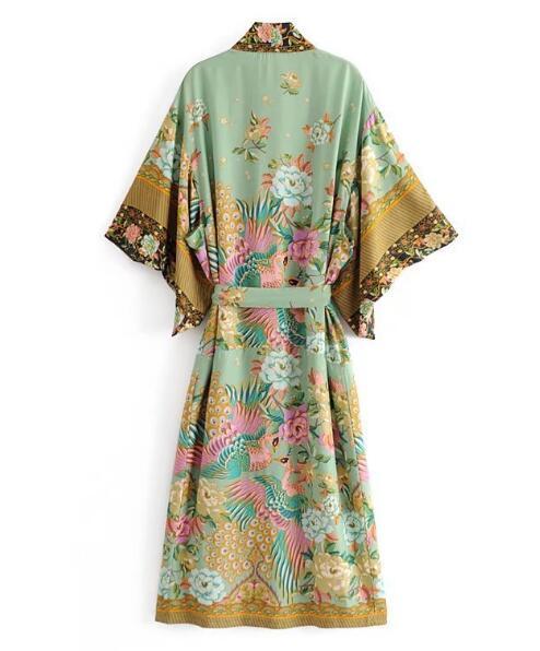 Bohemian V Neck Peacock Flower Print Long Kimono Shirt Ethnic New Lacing Up With Sashes Long Cardigan Loose Blouse Tops Femme Y1906