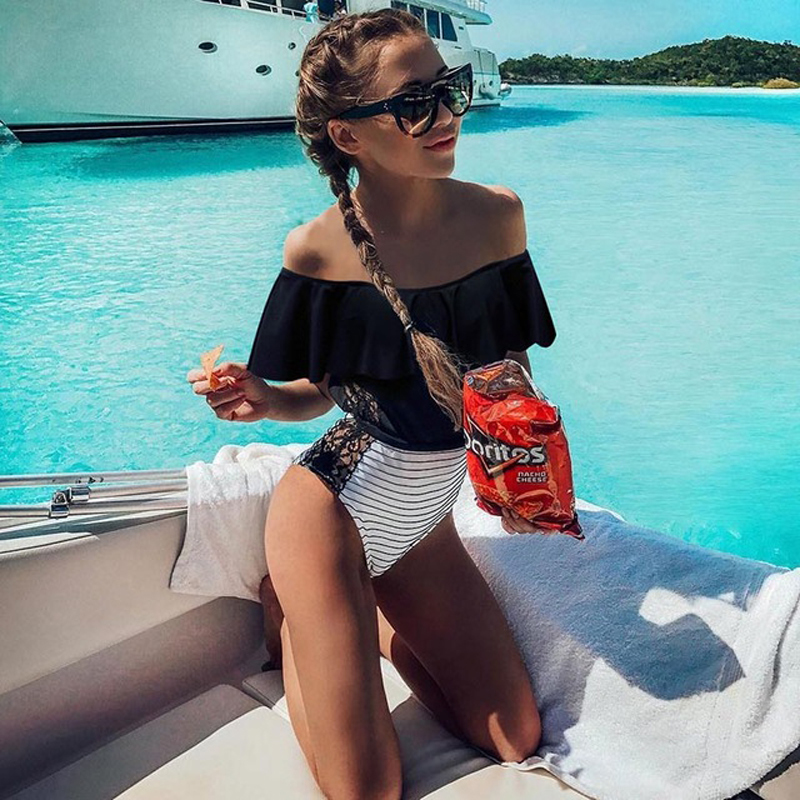 Ashgaily Black Lace Flounce Off Shoulder Swimsuit Women Sexy Bodysuit Monokini Swimwear Ruffle One Piece Swimsuit Bathing Suit C19030201