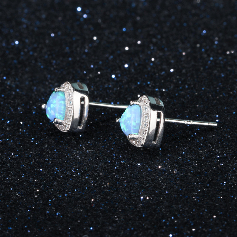 925 Sterling Silver Blue Creat Opal Heart Shape Stud Earrings Cubic Zirconia Earring Wedding Jewelry Mother Gift