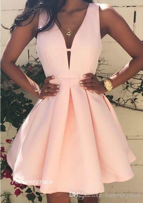 2019 Cheap Pink Short V neck Cocktail Dress Fashion Mini Backless Club Wear Homecoming Party Dress Plus Size Custom Make
