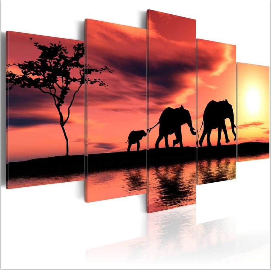 ( No Frame)5PCS/Set Modern Africa Three Elephant Family Art Print Frameless Canvas Painting Wall Picture Home Decoration