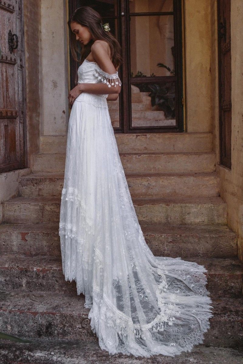 Bohemian Summer Beach Wedding Dresses Off The Shoulder Lace Boho Bridal Gowns Vintage French vestido de noiva Wedding Dress