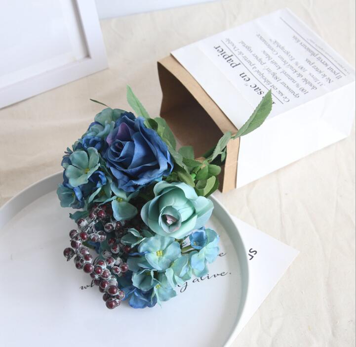 Blue artificial rose bouquet wedding creative decorations diameter about 21cm include rose, hydrangea and berries free shipping WT037