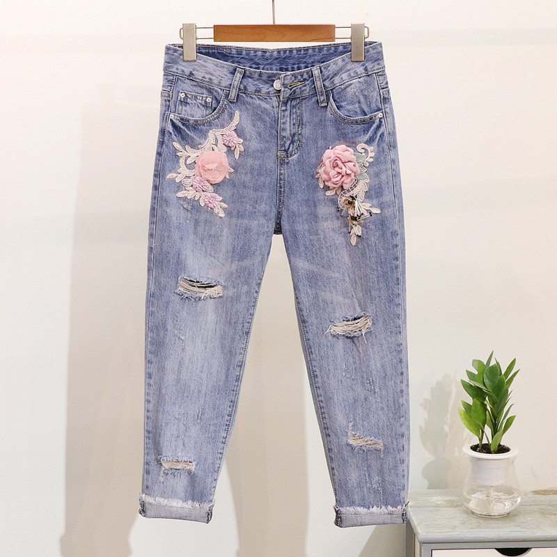 Luosha Women 2019 2pcs Summer Stylish Embroidery 3d Flower Short Sleeved Tshirt+heavy Work Jean Rippered Hole Denim Pants Suit Y19062201