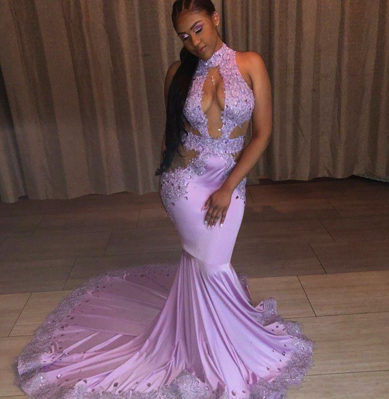 Sides Sexy Cutaway Prom Dresses High Neck Keyhole Appliques Beads Mermaid Evening Dress Crystals Satin Long Black Girls Party Gowns