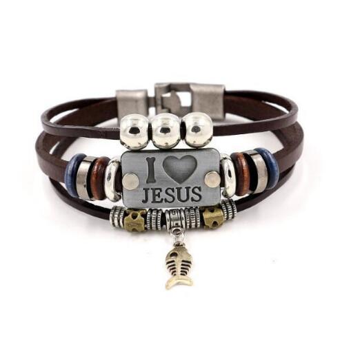 I LOVE JESUS Charm Bracelets Vintage Fish Pendant Christian Multilayer Leather Bracelets for Mens Women Bangle GD115