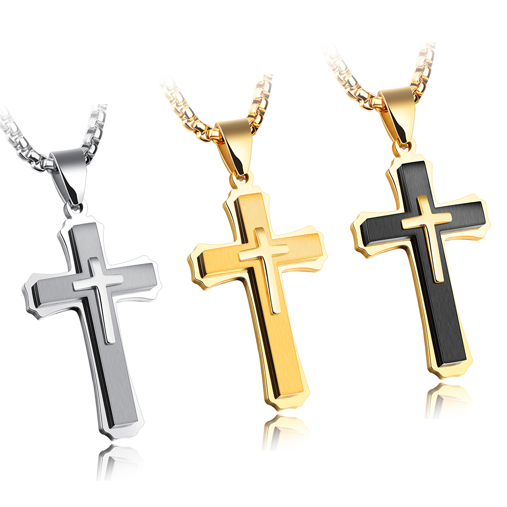 Three Layers Cross Pendant Necklace Classic Men's High Quality 316L Stainless Steel Titanium Steel Pendants Christian Jewelry