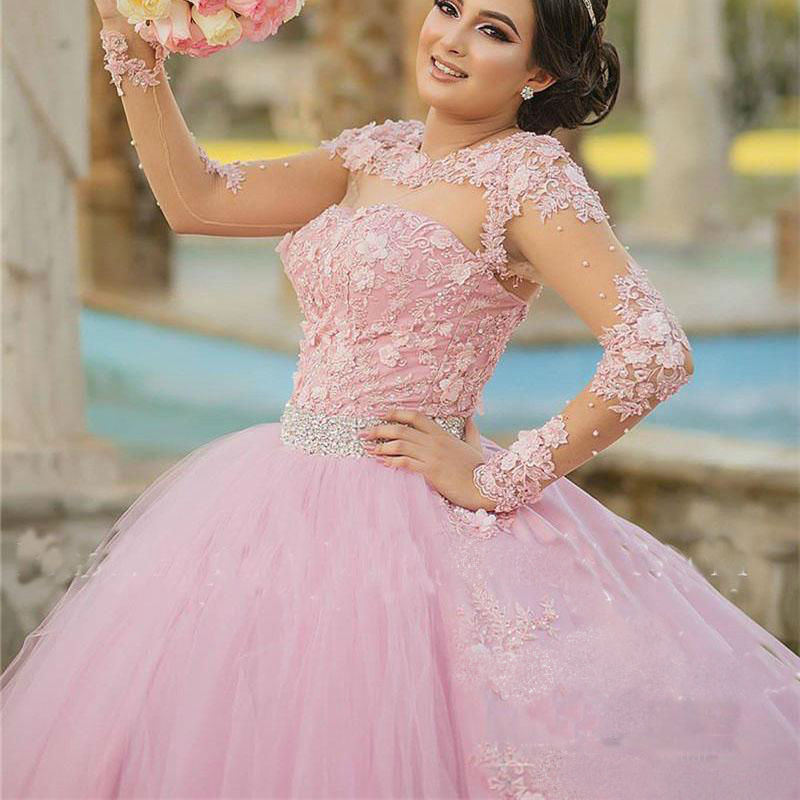 Quinceanera Pink Vintage Prom Dresses Lace Long Sleeve Beaded Ball Gown Formal Evening Dress Dubai Arabic Plus Size Pageant Gowns