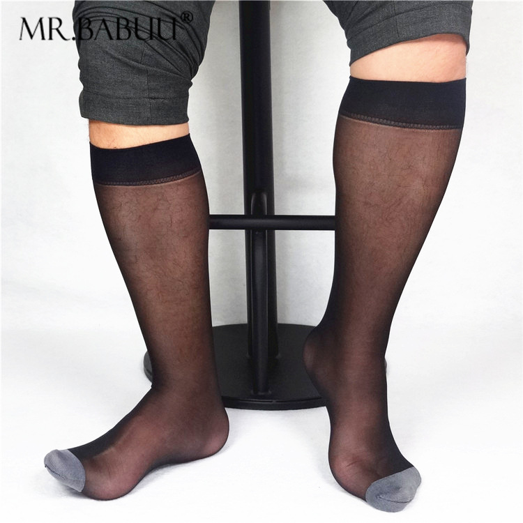 Men Business Soft Sheer Socks Contrast Toe Light Weight Formal Dress Suit Knee Length Long Socks Mesh Nylon Silk Socks